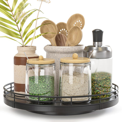 Oroyutor 9-inch oak Lazy Susan on countertop for easy spice organization.