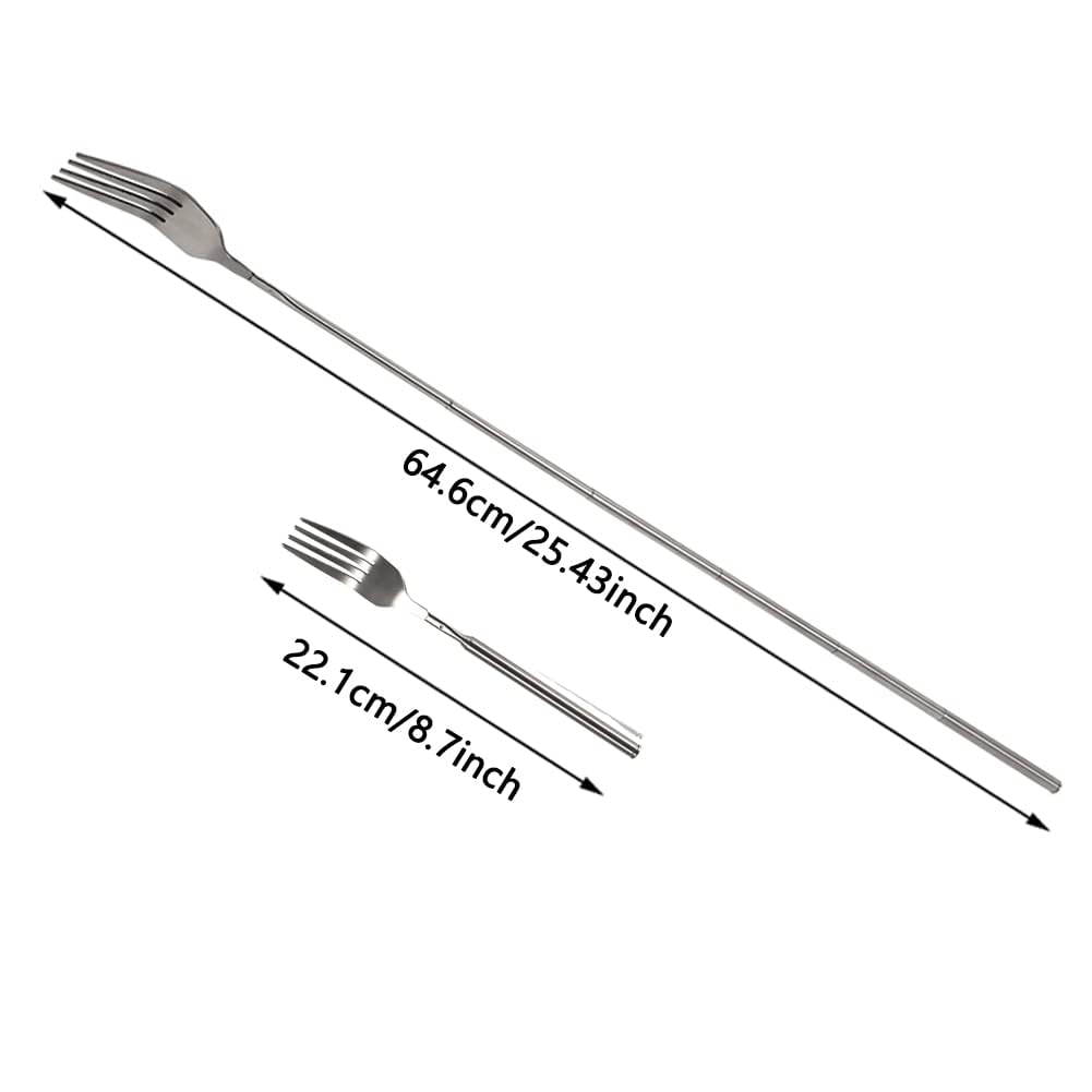 ORULA extendable fork close-up with polished stainless steel finish.