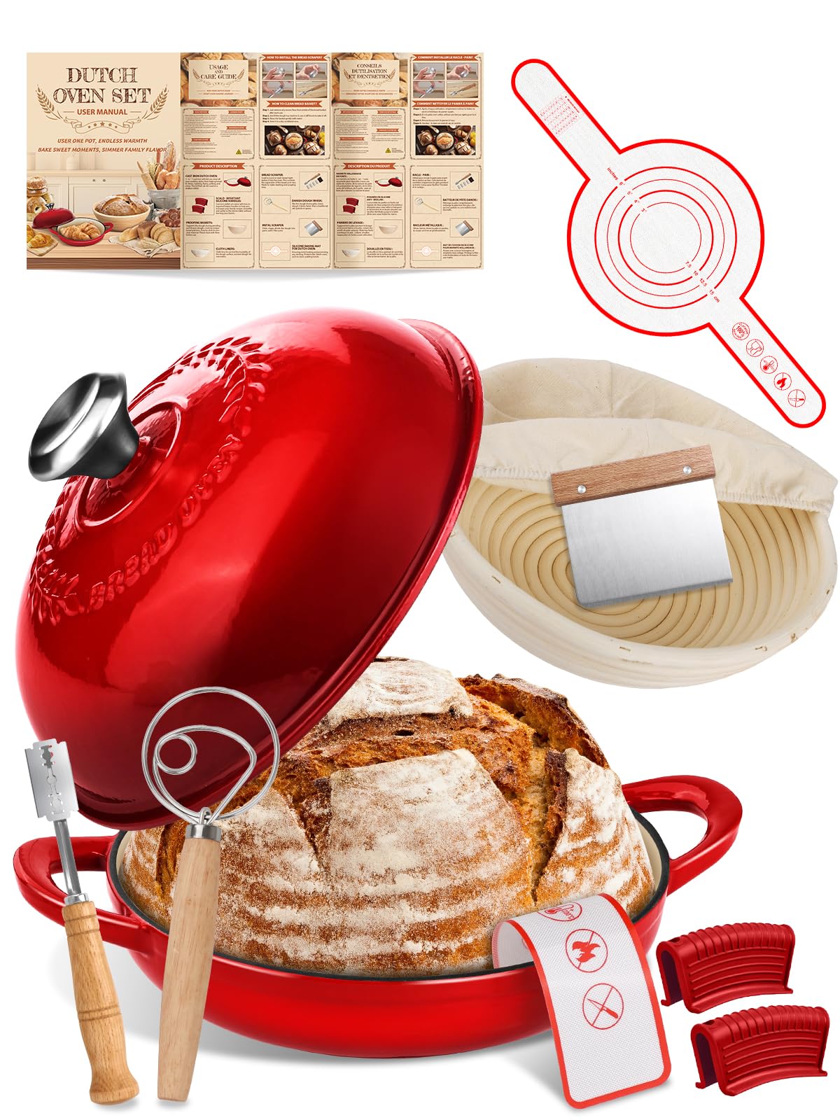 ORWIPO Dutch Oven gradient red lid emphasizes enamel durability for even heat and crust.