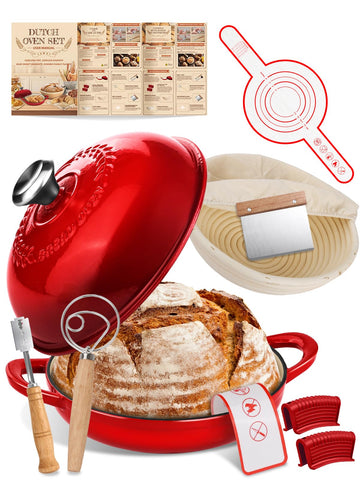 ORWIPO Dutch Oven gradient red lid emphasizes enamel durability for even heat and crust.