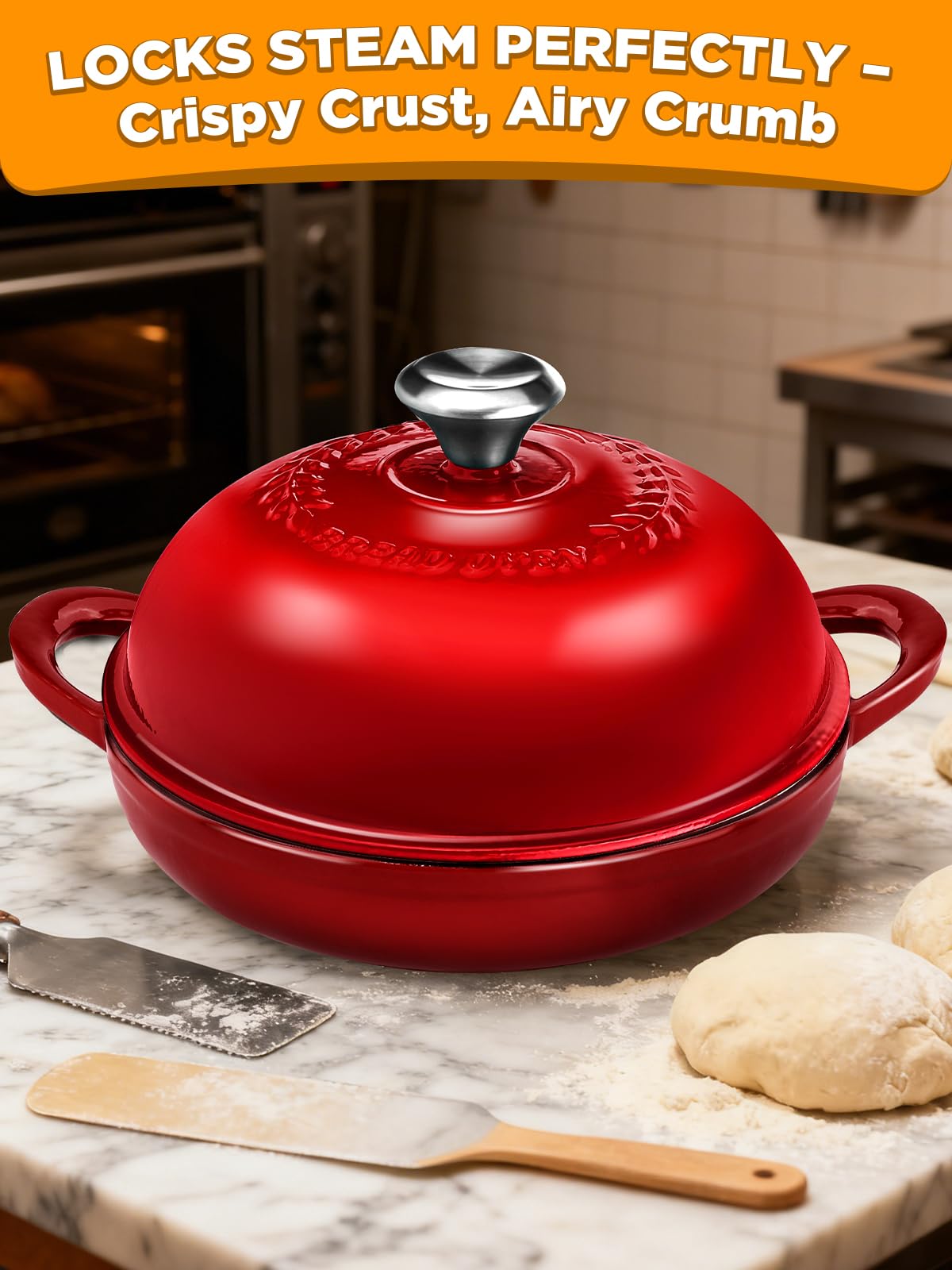 ORWIPO Dutch Oven gradient red side view demonstrates stylish kitchen-ready performance for artisan bread.