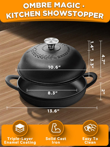 ORWIPO enameled cast iron interior promotes easy cleanup and even heat distribution.