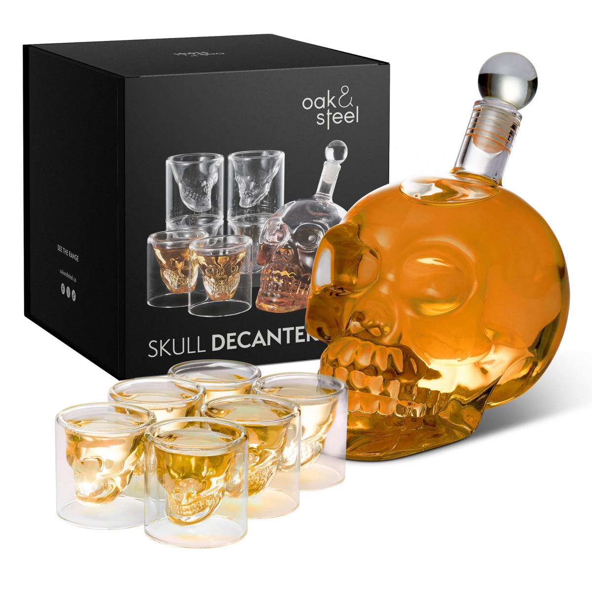 OS Oak & Steel 25oz skull decanter display for a standout bar setup.