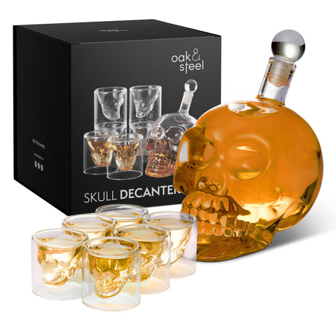 OS Oak & Steel 25oz skull decanter display for a standout bar setup.