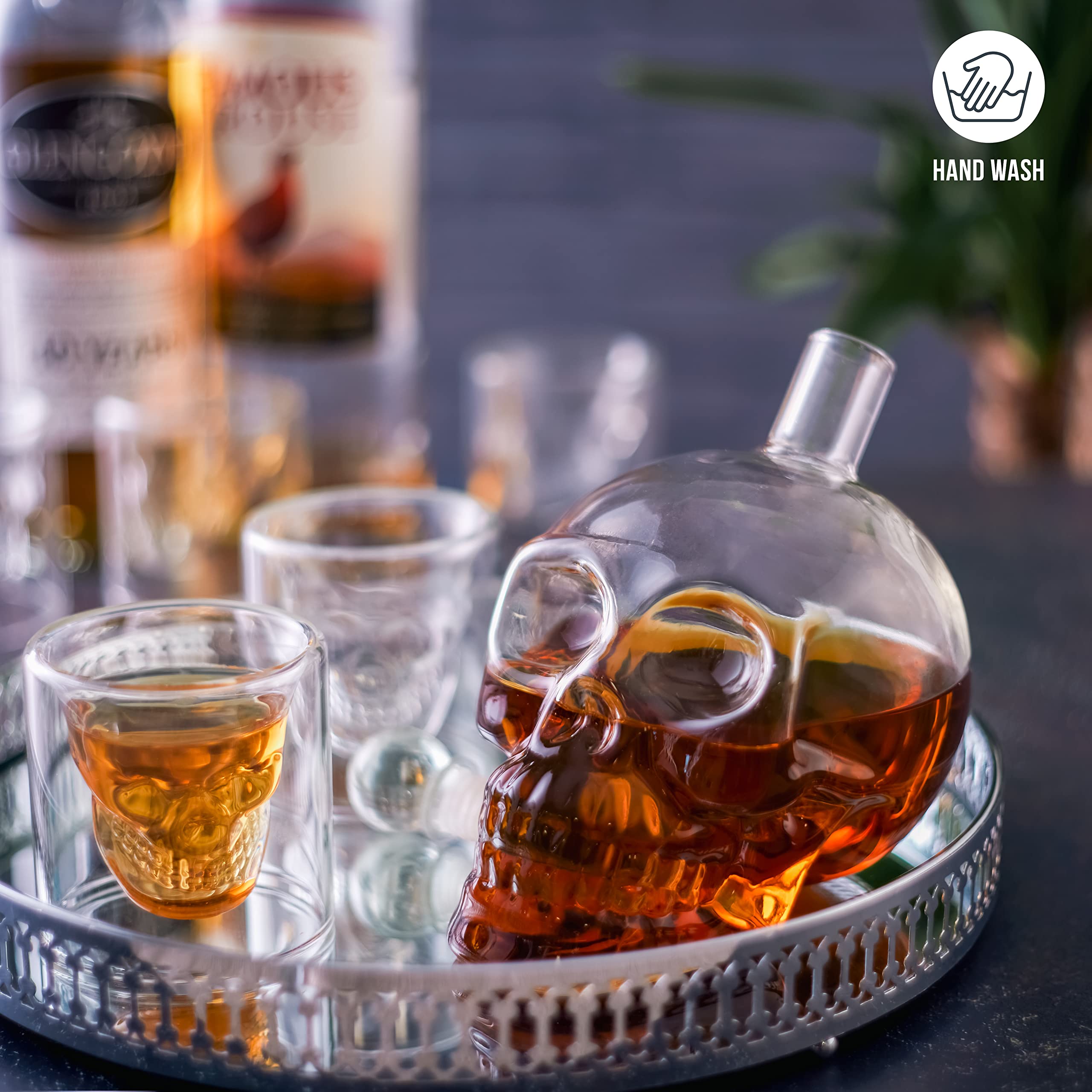 OS Oak & Steel six skull glasses pair perfectly with the decanter for bold entertaining.