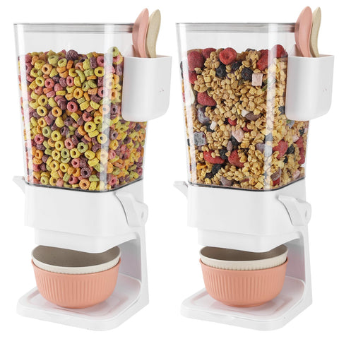 Osacoe cereal dispenser countertop 2-pack shown with bowls for neat breakfast setup.