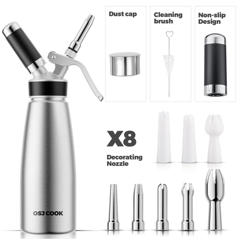 OSJ COOK cream dispenser set includes tips, brush, and storage bag