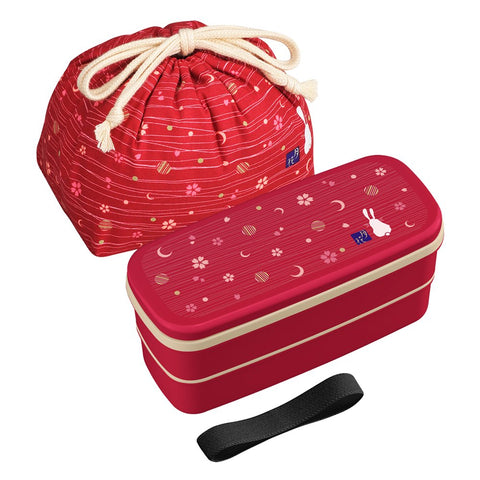 OSK Rabbit Moon bento box red with two tiers and decorative motif.