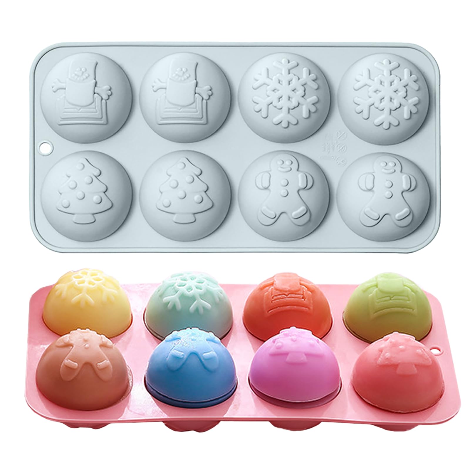 Oskrieel Christmas round silicone mold with eight cavities for chocolate bombs.