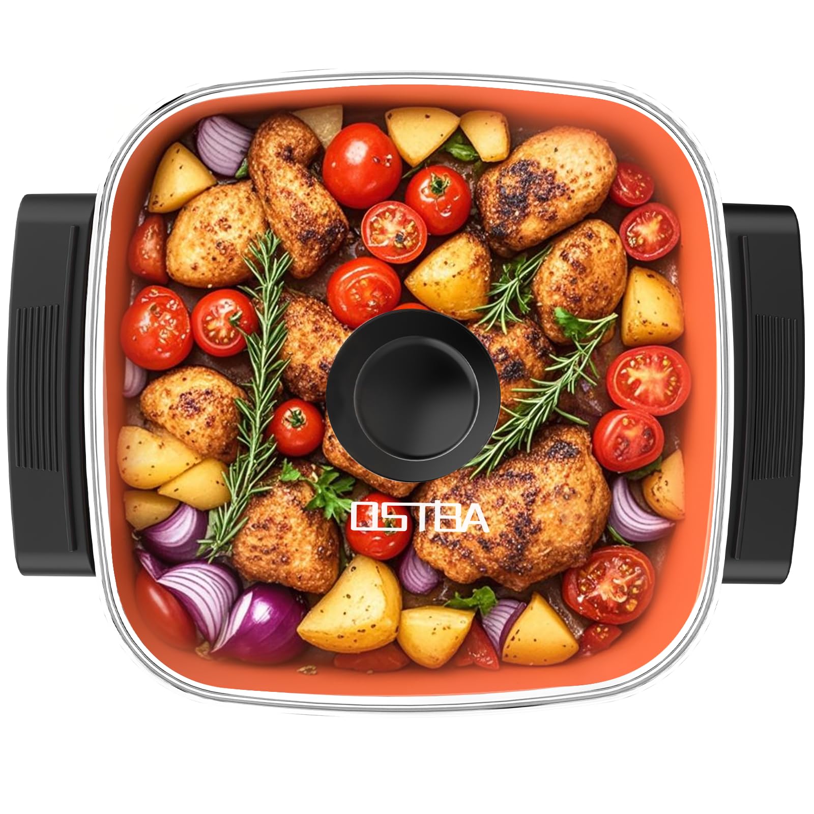 OSTBA electric skillet 12x12 with lid showing titanium ceramic nonstick and easy release