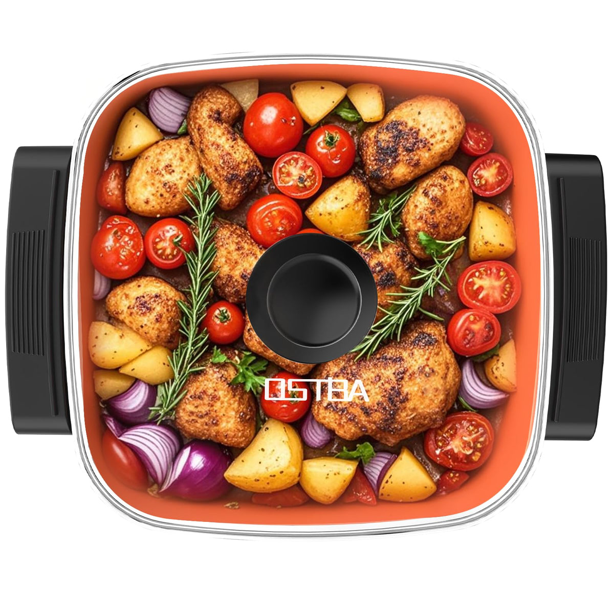 OSTBA electric skillet 12x12 with lid showing titanium ceramic nonstick and easy release