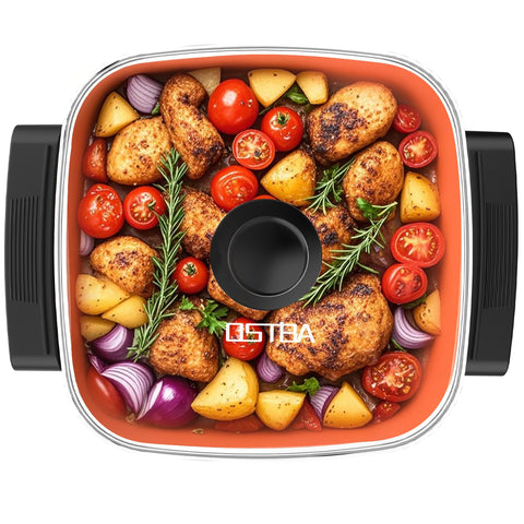 OSTBA electric skillet 12x12 with lid showing titanium ceramic nonstick and easy release