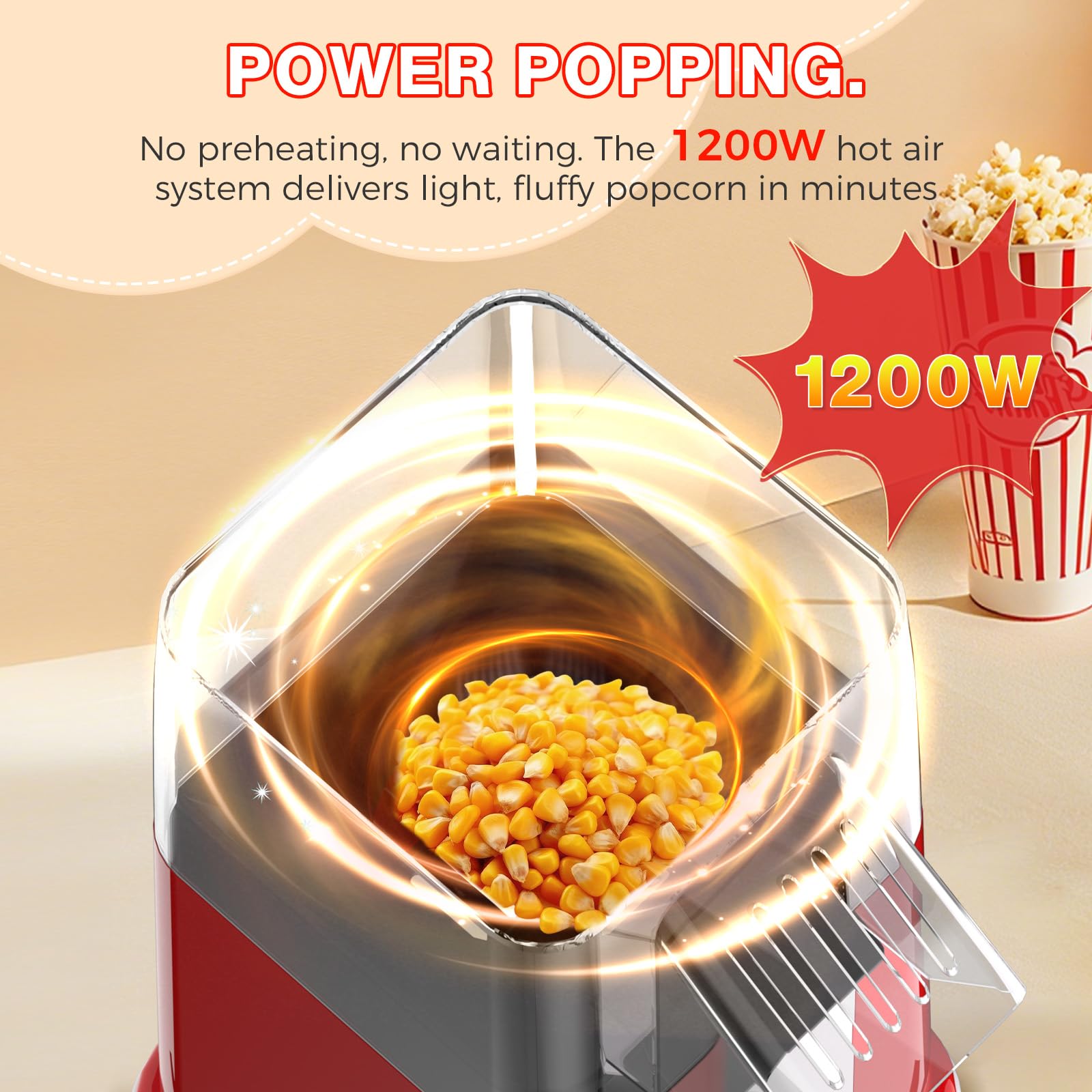 OSTBA popcorn maker 12-cups popping in three minutes emphasizes efficient snacking.