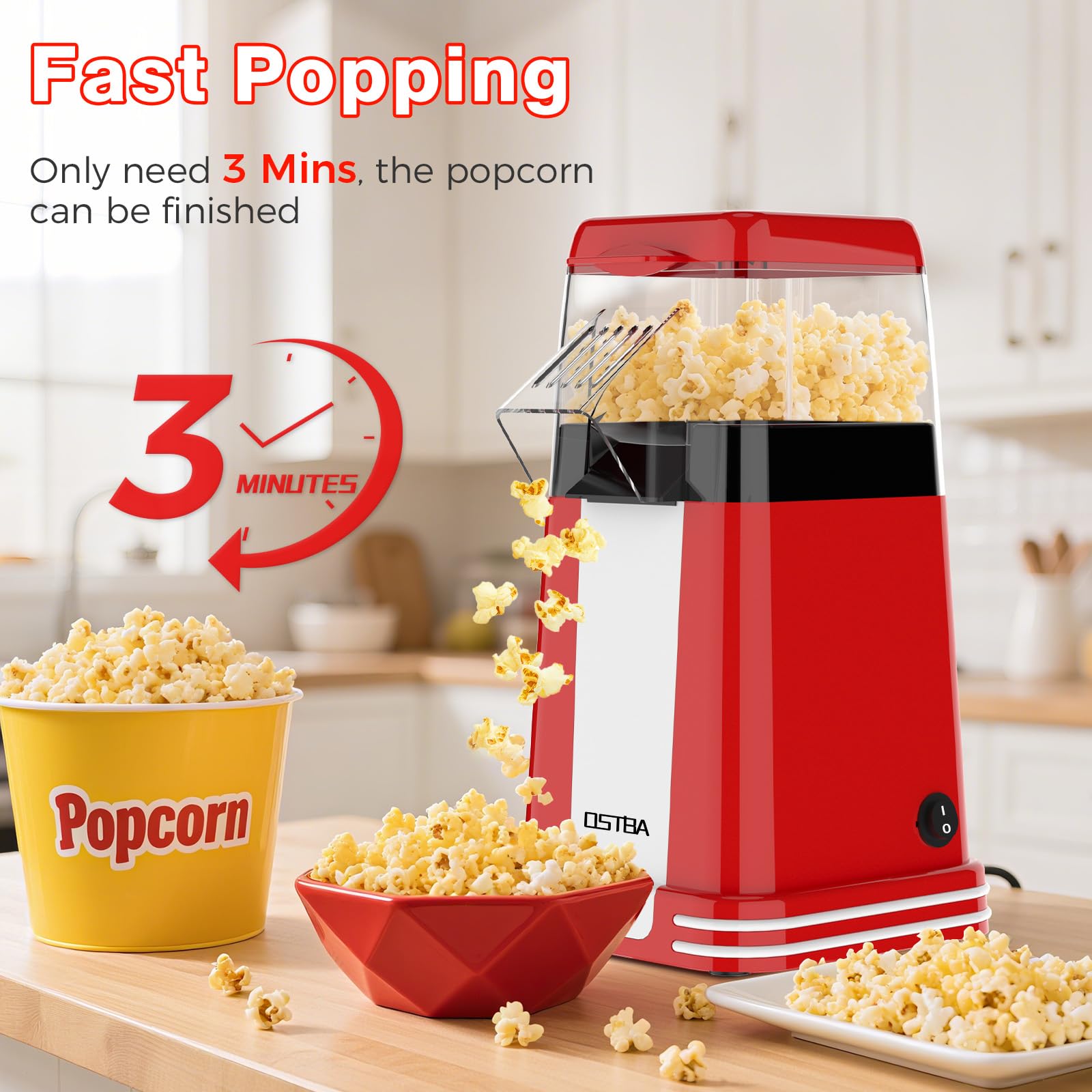 OSTBA popcorn maker compact design fits small kitchens and dorm rooms.