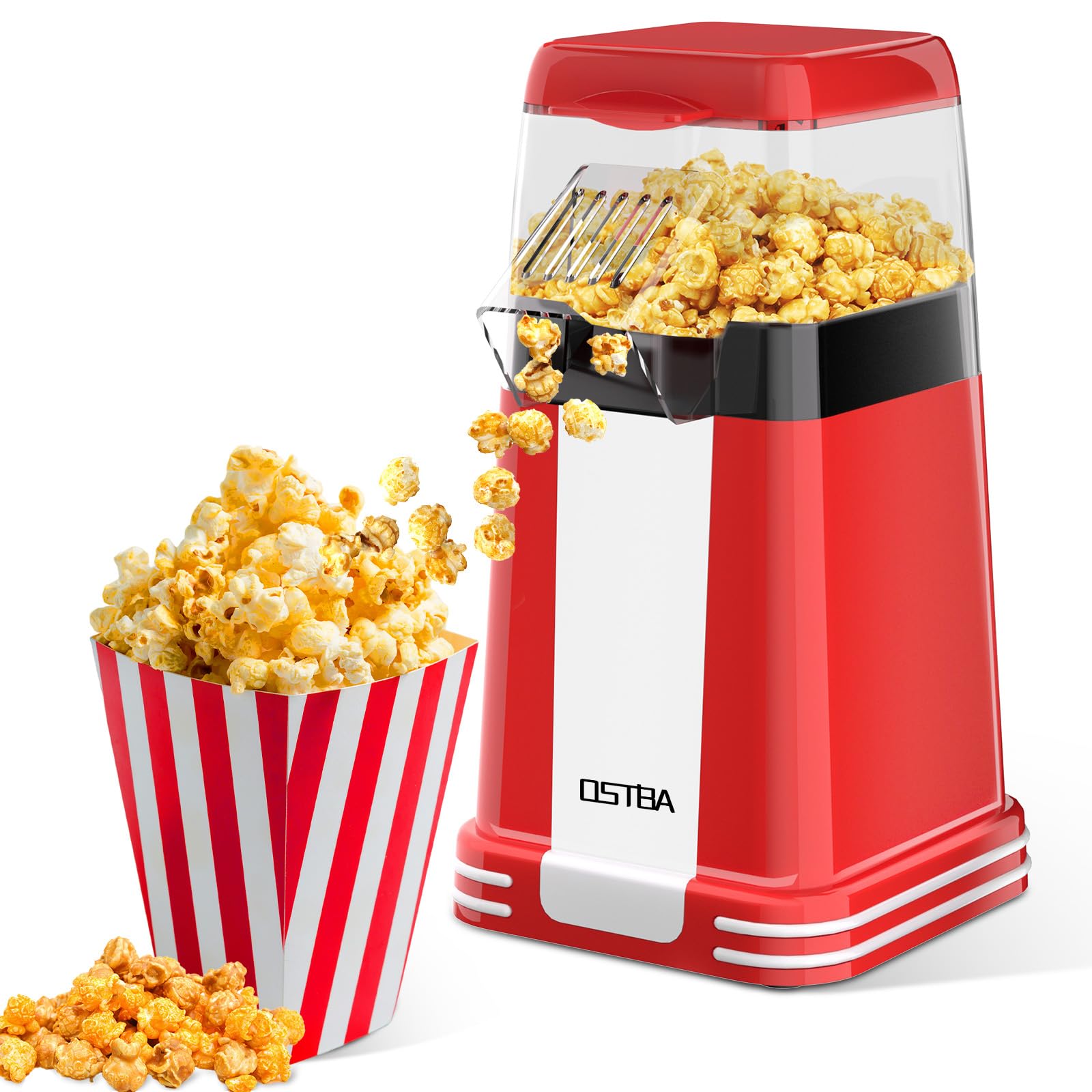 OSTBA popcorn maker front view highlights compact retro style for quick home pops.