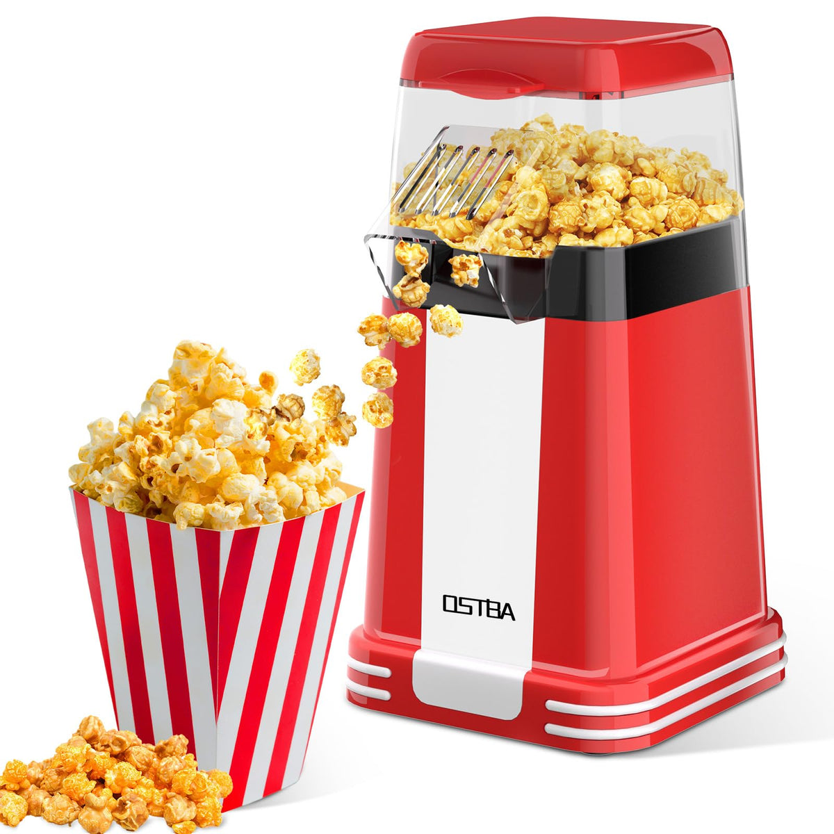 OSTBA popcorn maker front view highlights compact retro style for quick home pops.