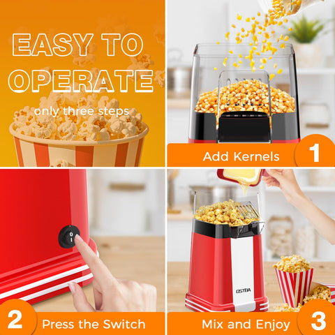 OSTBA popcorn maker oil-free operation reduces calories without sacrificing flavor.