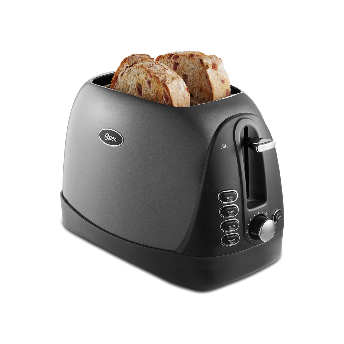 Oster 2-Slice Toaster front view shows compact metallic grey styling for small kitchens