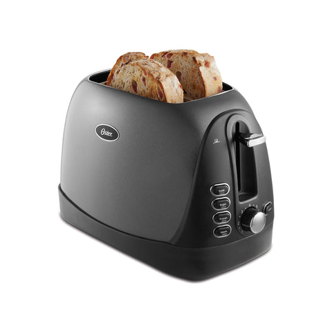 Oster 2-Slice Toaster front view shows compact metallic grey styling for small kitchens