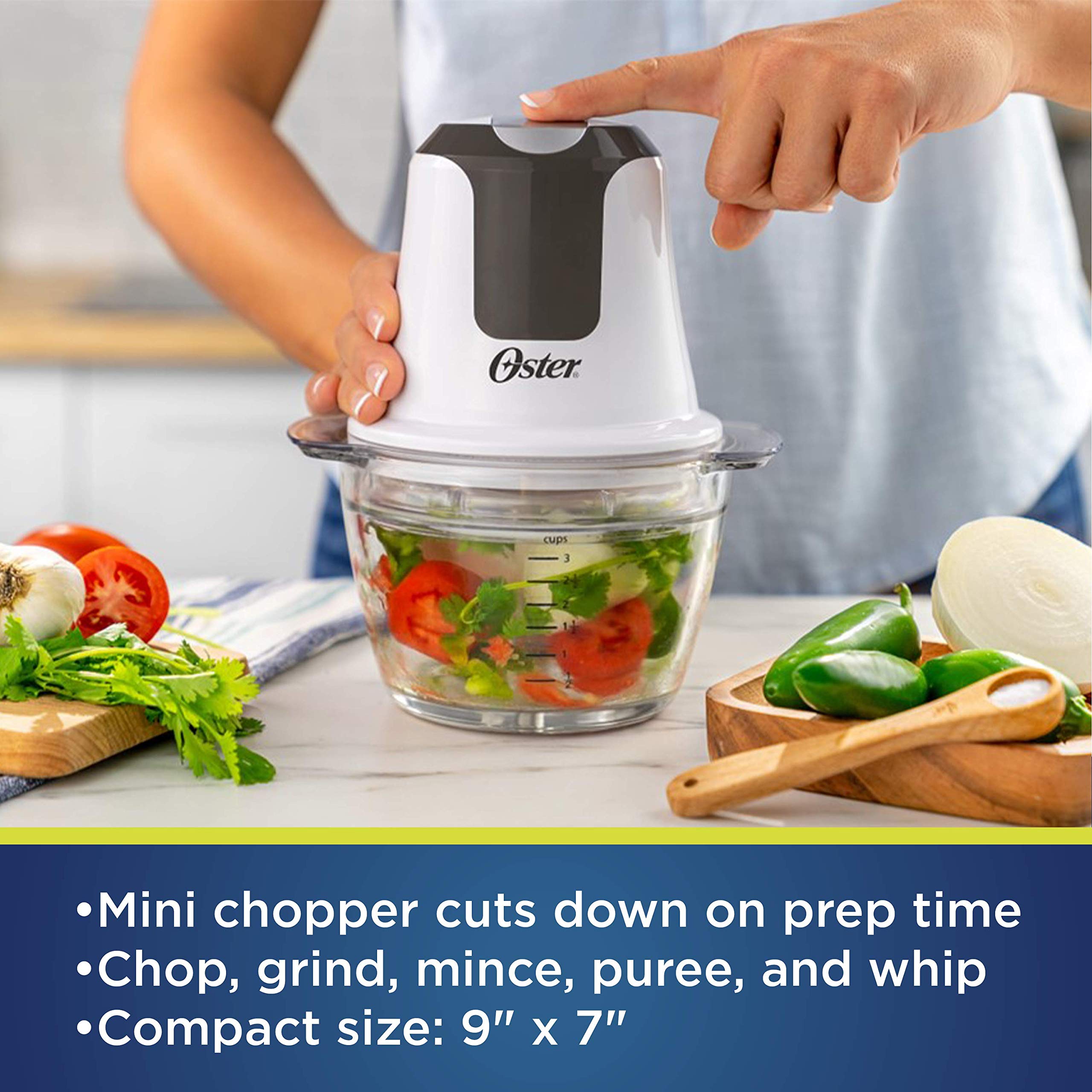 Oster mini chopper showing dual stainless steel blades for even mincing.