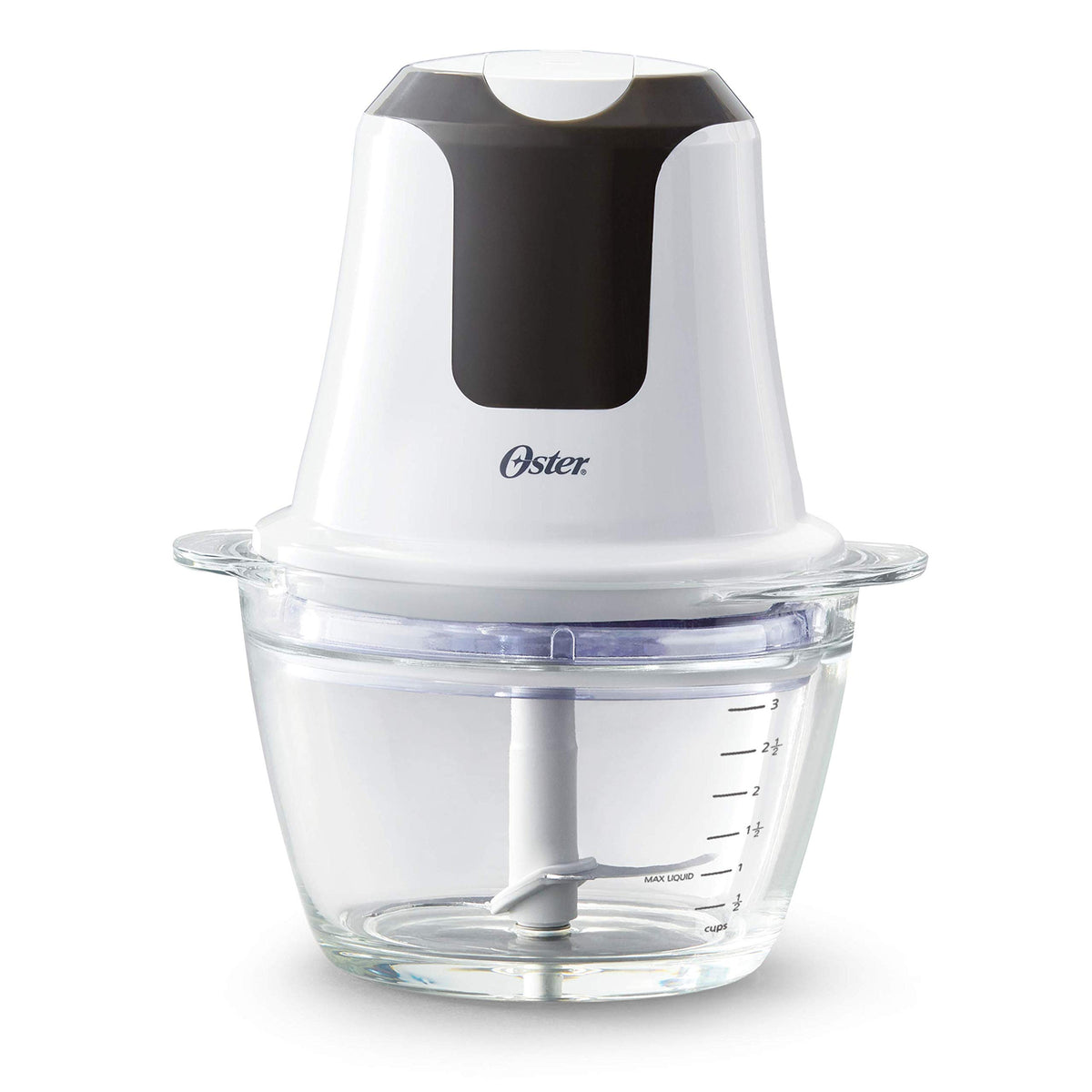 Oster 3-Cup mini chopper with glass bowl ready for quick, mess-free chopping.