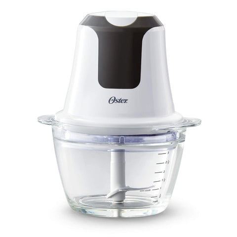 Oster 3-Cup mini chopper with glass bowl ready for quick, mess-free chopping.