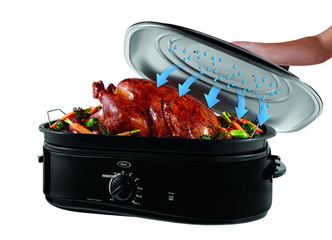 Oster CKSTRS18-BSB-W roaster capacity clearly illustrated by a large turkey