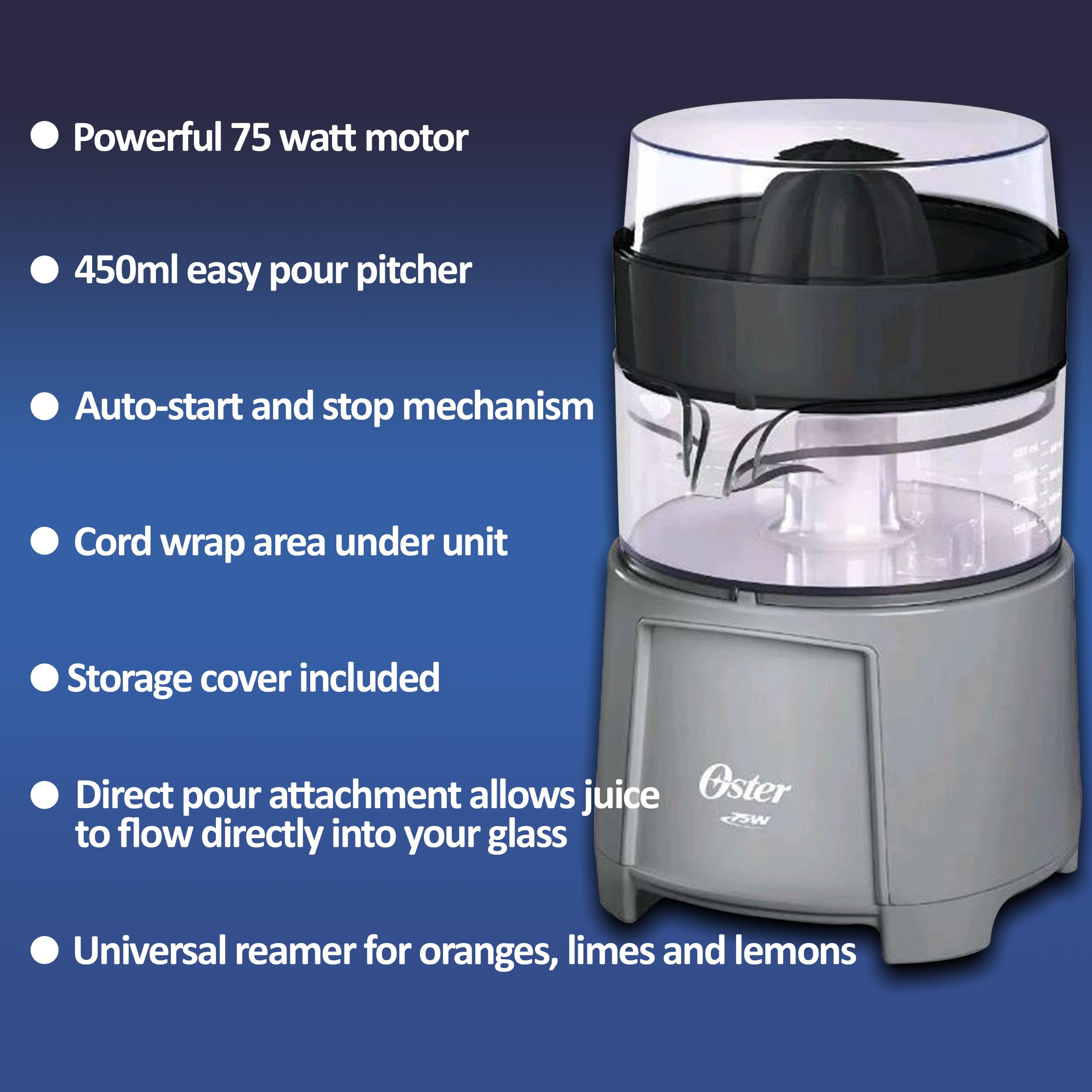 Oster electric citrus juicer pour spout guiding juice into a cup with ease.