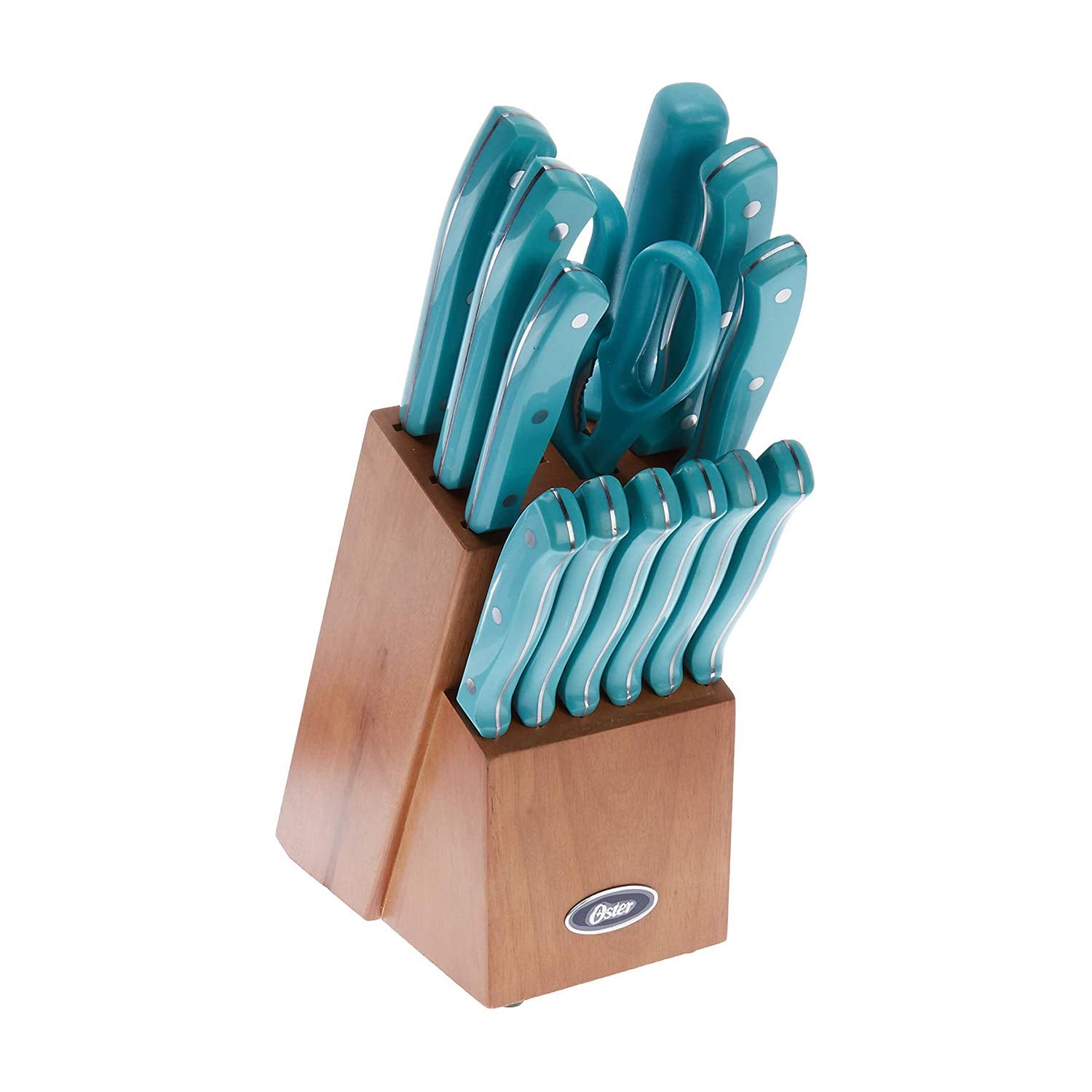 Oster Evansville 14-piece cutlery set on turquoise block for organized prep.