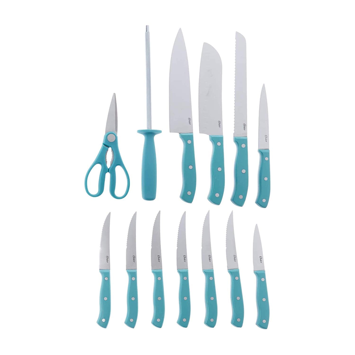 Oster Evansville 7-inch santoku knife with turquoise handle for versatile slicing.