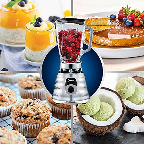 Oster Original 3-Speed Chrome Blender in-use with a filled 5-cup glass jar