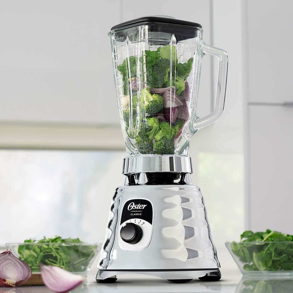 Oster Original 3-Speed Chrome Blender motor base close-up highlighting durability