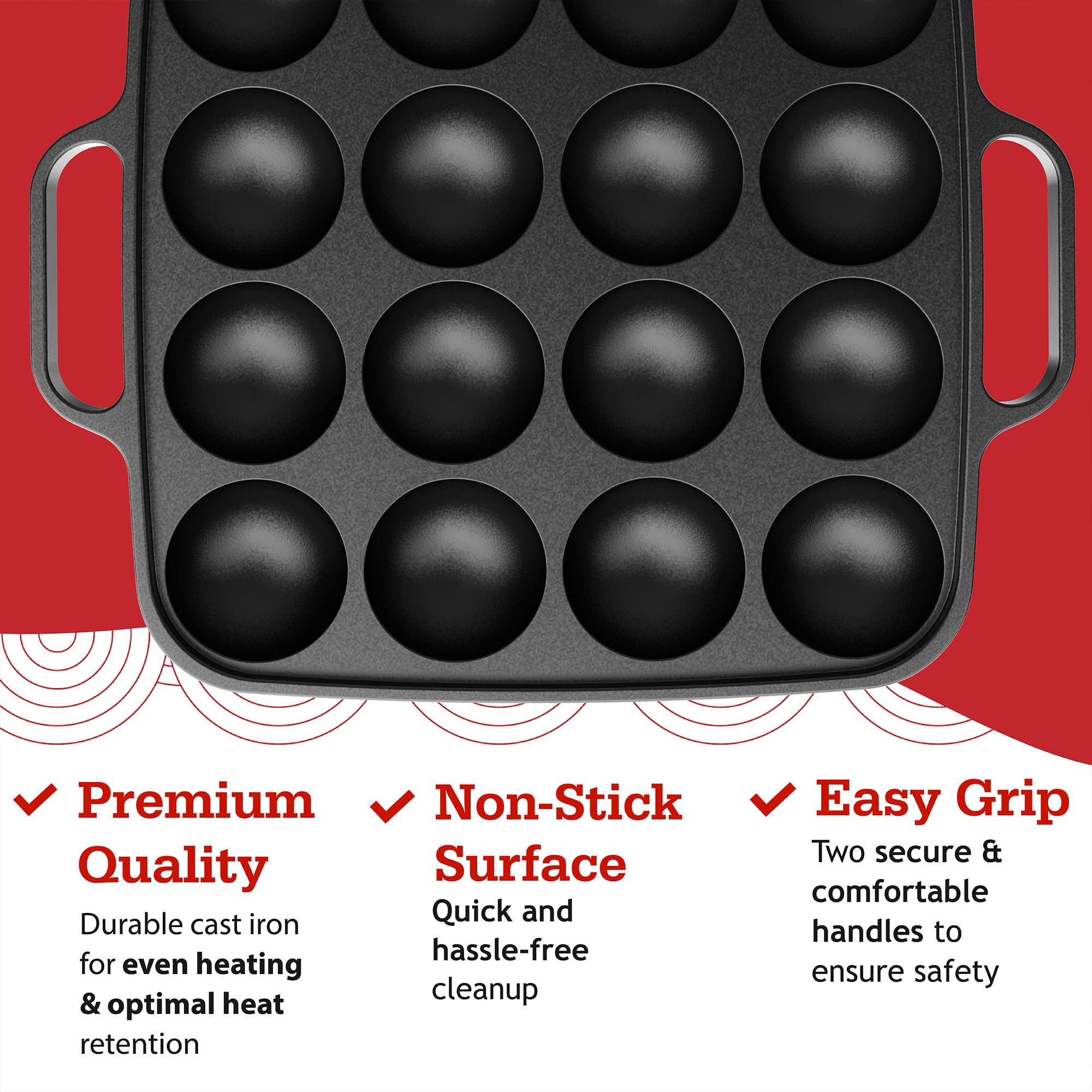 Otafuku takoyaki plate with two handles for secure lifting during grilling.