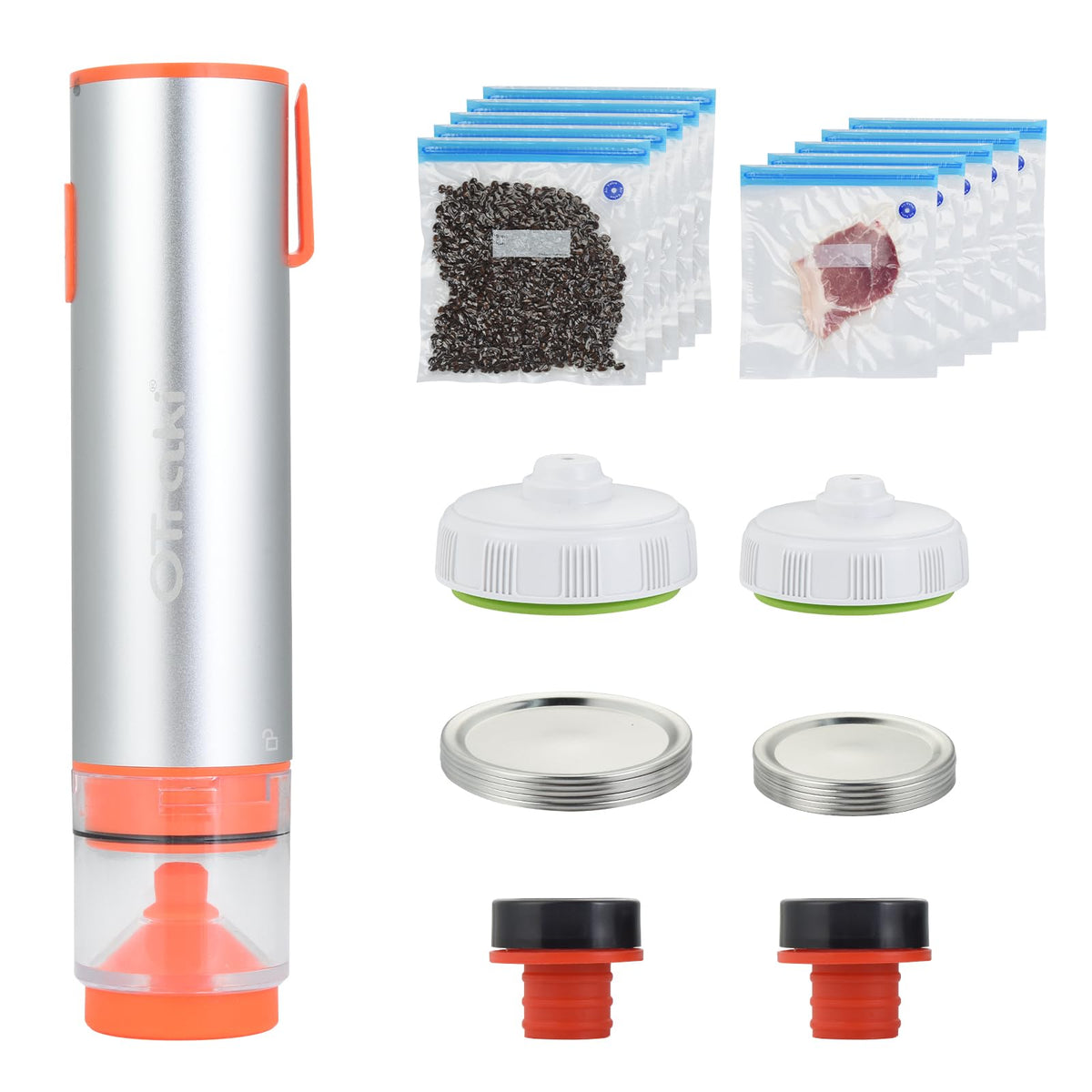 OTraki 3in1 handheld vacuum sealer on kitchen counter showing compact sealing.