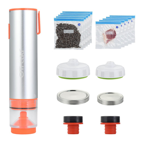 OTraki 3in1 handheld vacuum sealer on kitchen counter showing compact sealing.