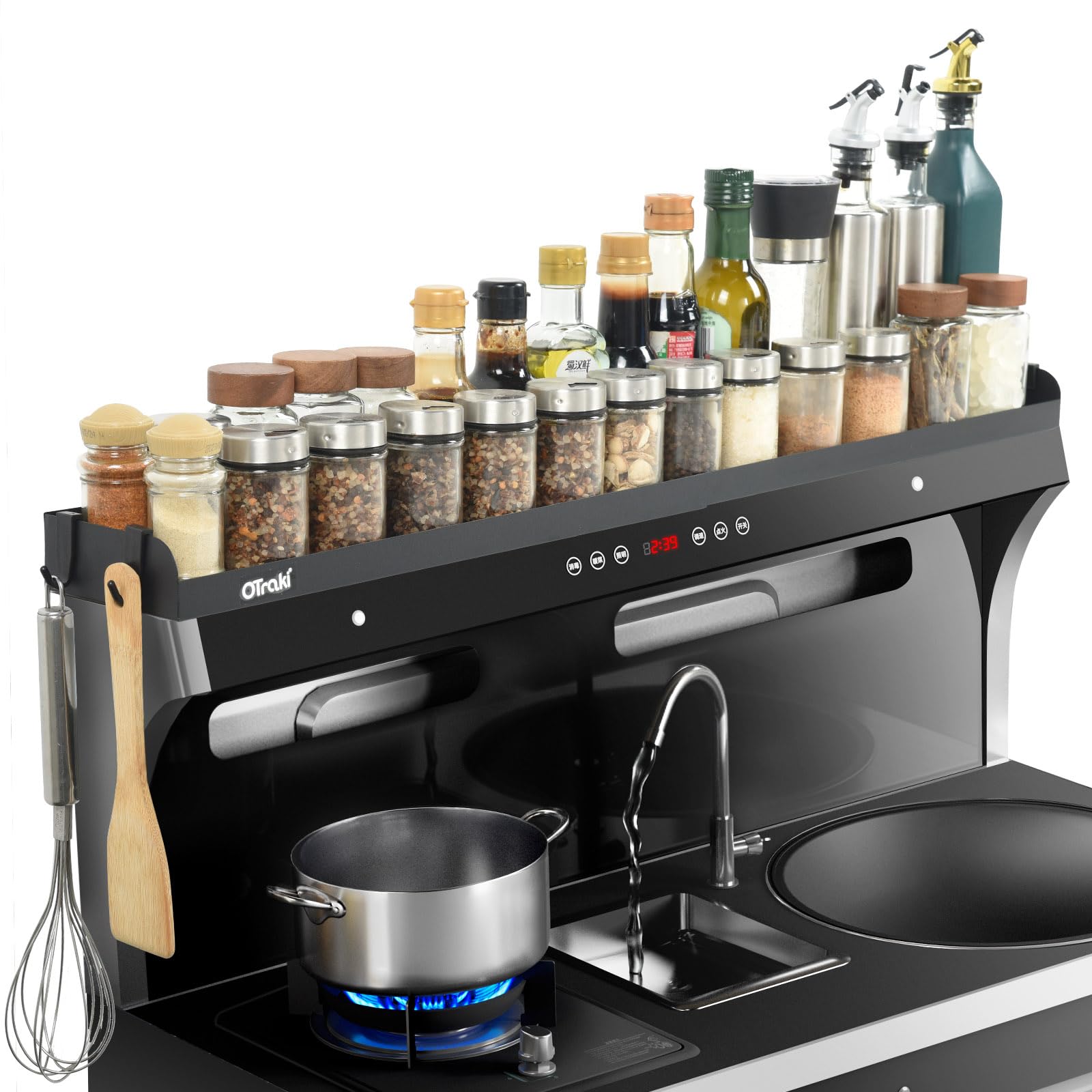 OTraki magnetic stove top shelf angled view showing compact spice storage
