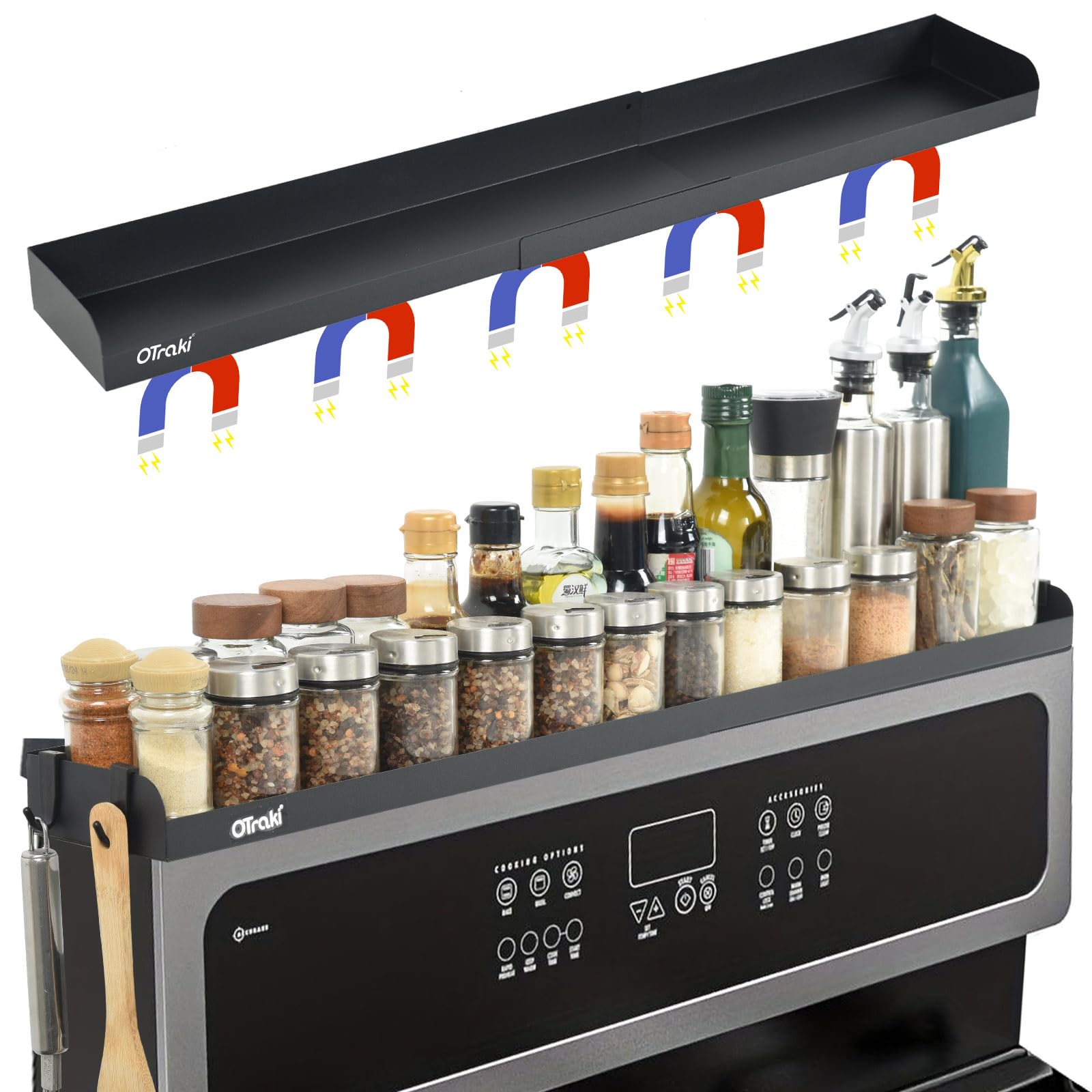 OTraki organized kitchen space preserves countertop while keeping condiments accessible