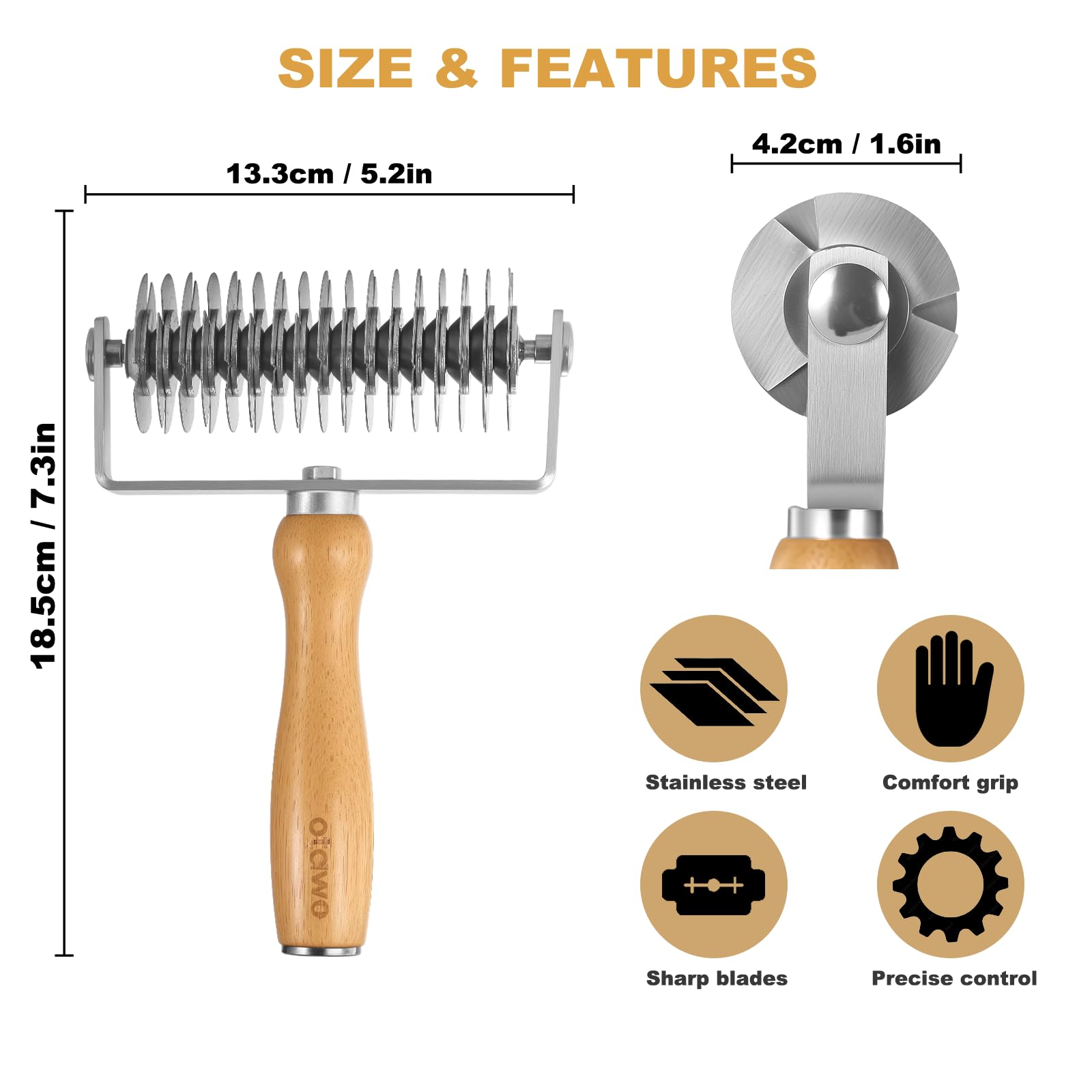 Otawe stainless steel blades ensure clean cuts for precise crusts.