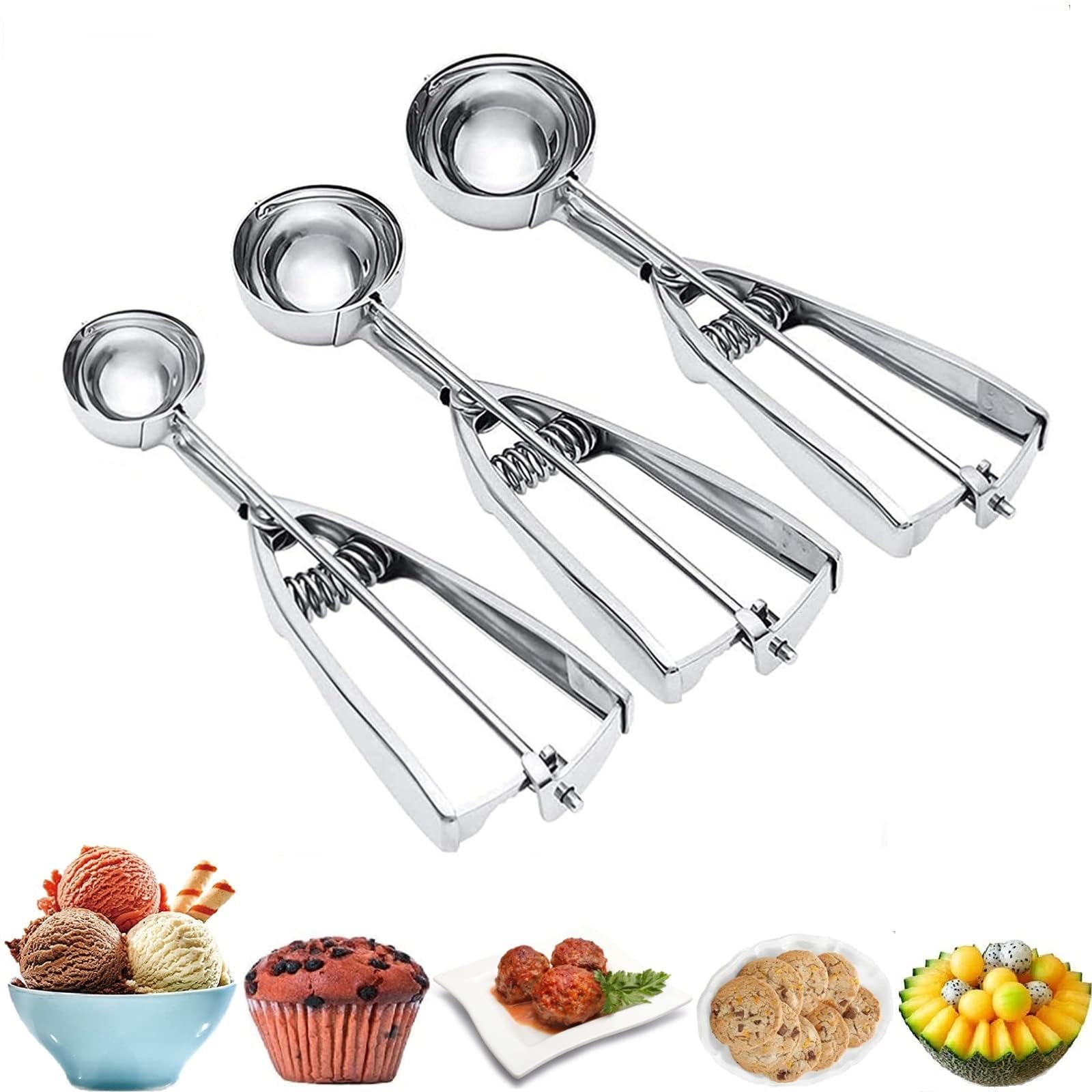 OTEHETOT ice cream scoop set trio with ergonomic trigger release for tidy servings.