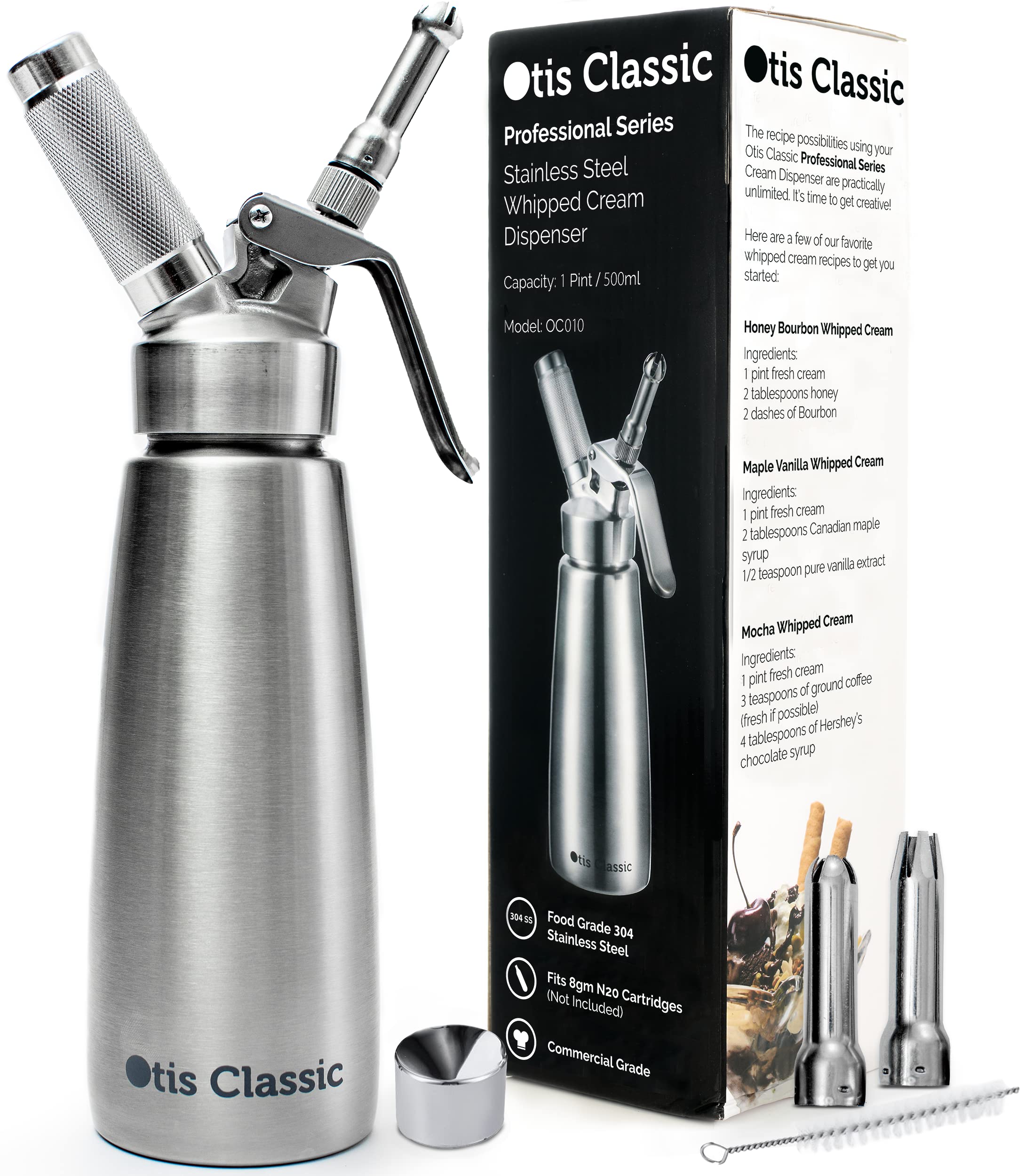 Otis Classic 304 stainless steel whipped cream dispenser with 500ml capacity for café-quality toppings
