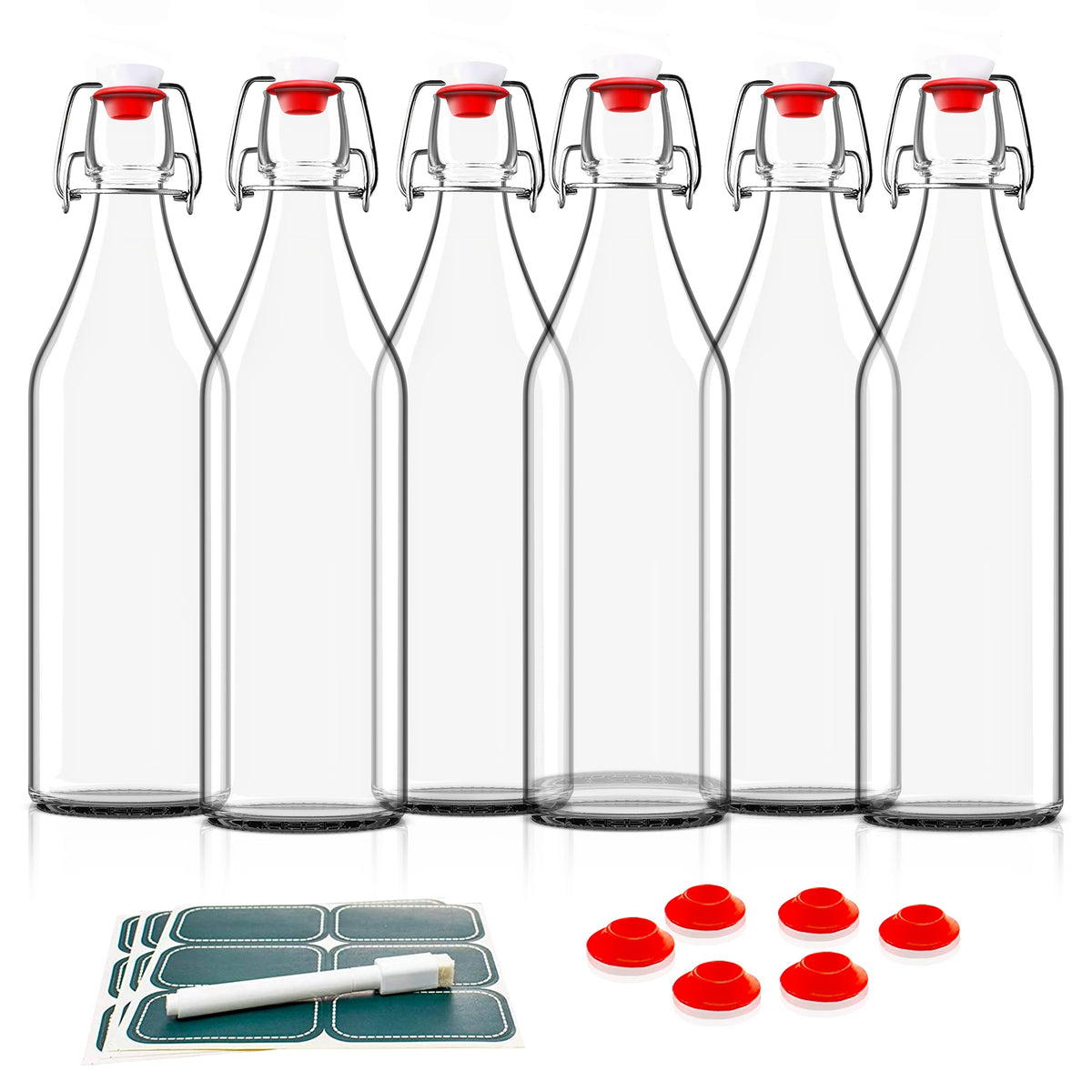 Otis Classic swing top bottles with labels for juice and water