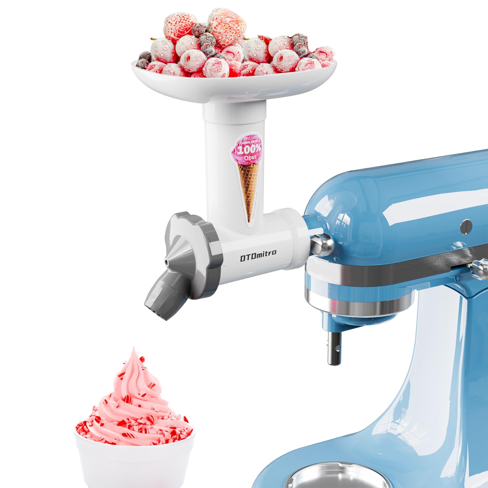 OTOmitra natural ice cream attachment mounted on a KitchenAid mixer for creamy, dairy-free desserts.