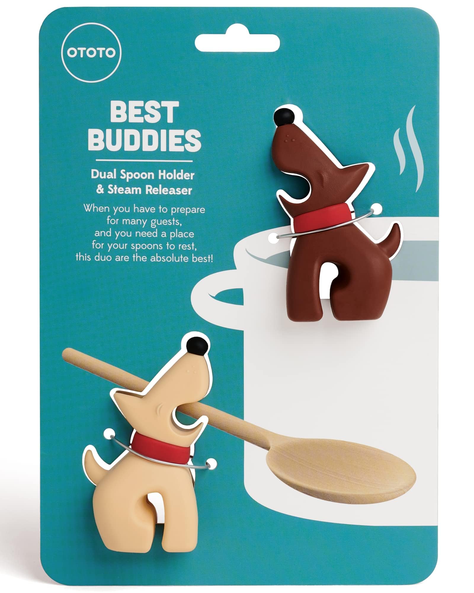 OTOTO Best Buddies spoon rest on pot keeps counters clean during cooking.