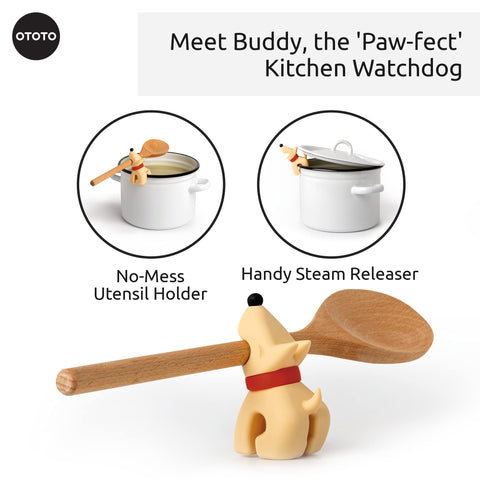 OTOTO Buddy dog-design spoon rest on counter; adds cute, functional charm to meal prep