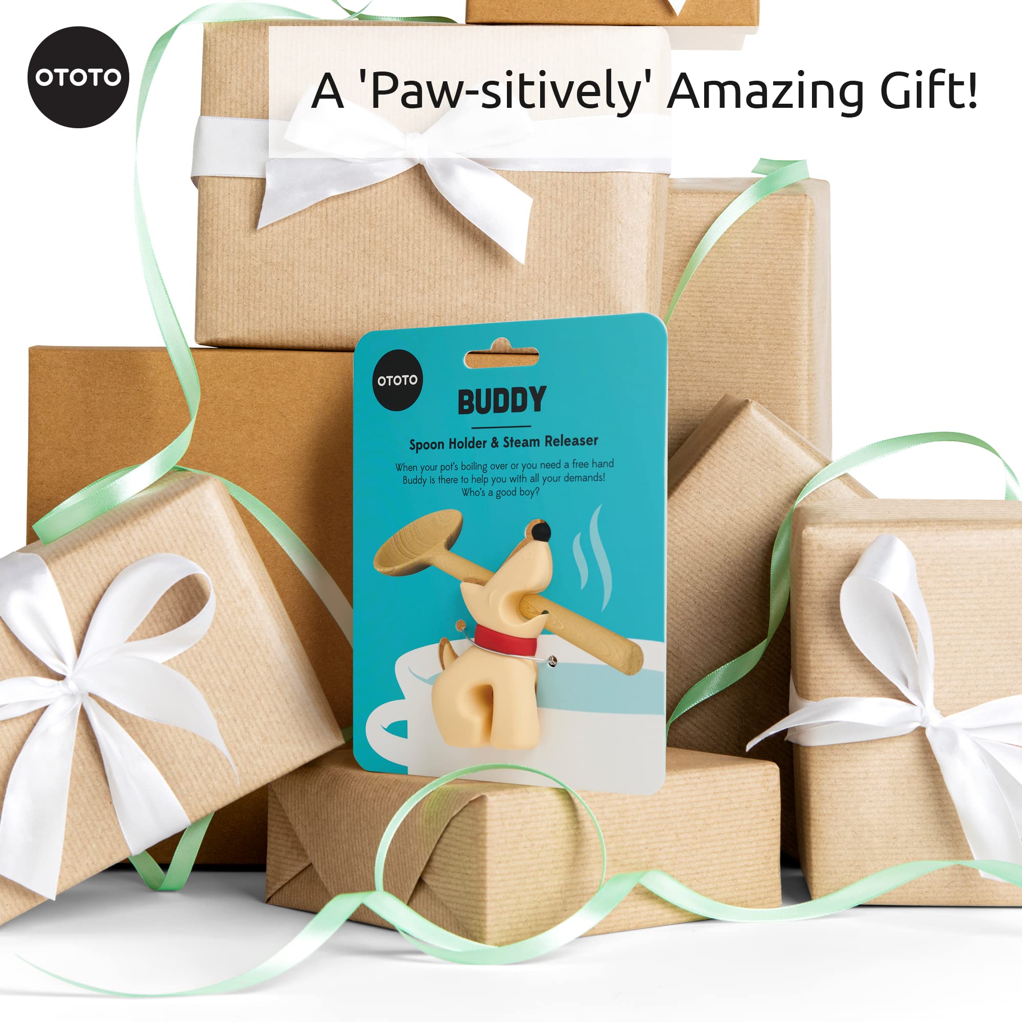 OTOTO Buddy spoon rest on kitchen counter; keeps utensils organized and within reach during prep