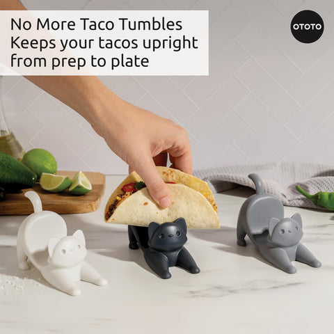 OTOTO Catos taco holder set 3 in use holding shells while toppings tower nearby.