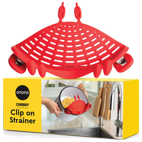 OTOTO Crabby clip-on strainer attached to pot for quick, safe draining.