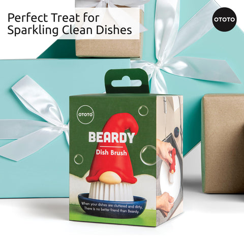OTOTO Beardy Gnome dish-brush image illustrates effortless cleaning of residues