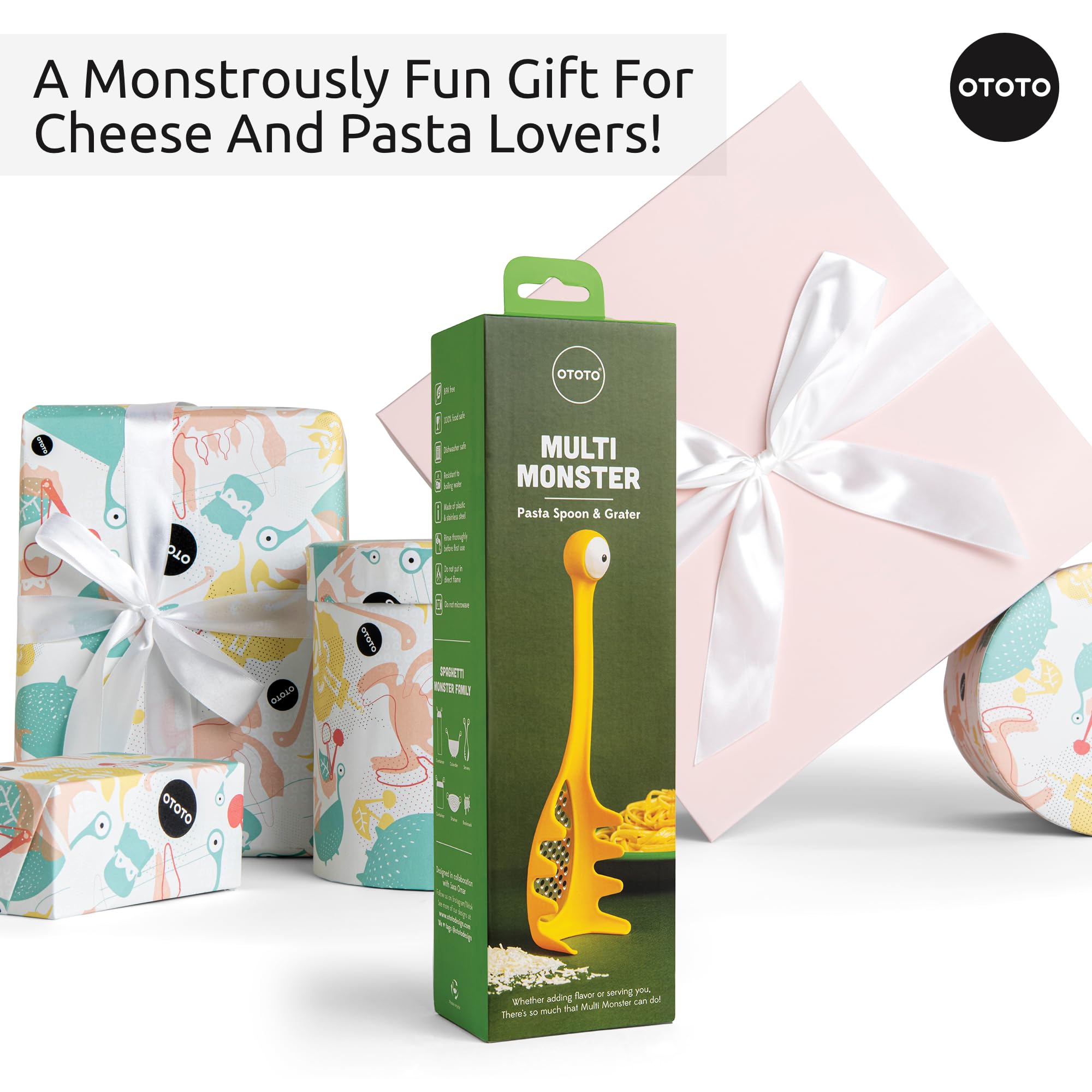 OTOTO two-in-one cheese grater and pasta spoon streamlines kitchen prep.