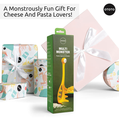 OTOTO two-in-one cheese grater and pasta spoon streamlines kitchen prep.